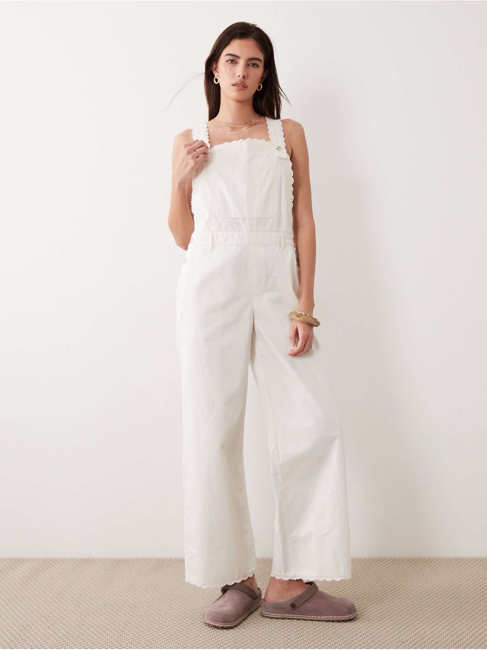 NEW Abercrombie & Fitch Cotton Embroidered Trim Overall Jumpsuit Sz Large Cream
